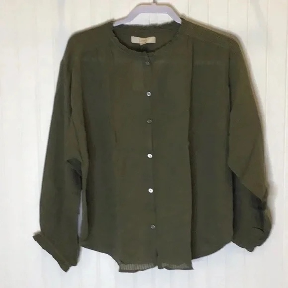 Loft | Olive Green Ruffle Blouse Size Large - Picture 5 of 7